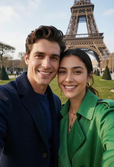Couple selfie outdoors at eiffel tower with navy coat and green trench