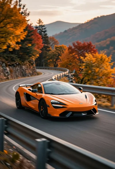 Sleek orange sports car speeding along winding mountain road during autumn
