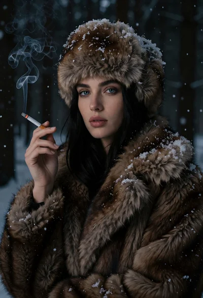 Portrait of woman in brown fur coat during snowy dark forest setting