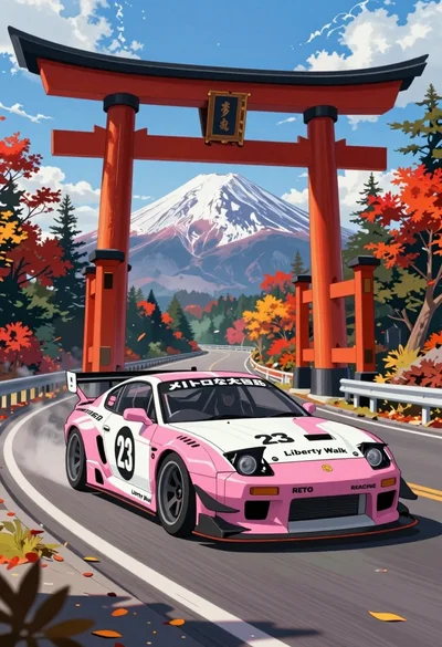 Anime sports car driving through torii gate near snow capped mount fuji