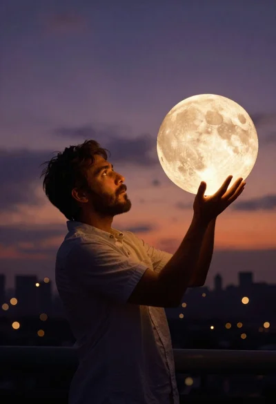 Man holding glowing moon against twilight city skyline