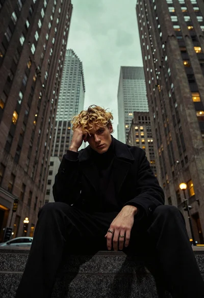 Young man with curly blonde hair sits on stone ledge in towering