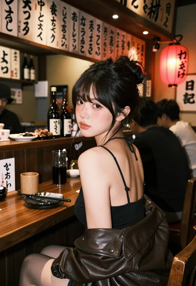Young woman at wooden counter in dimly lit japanese izakaya bar setting