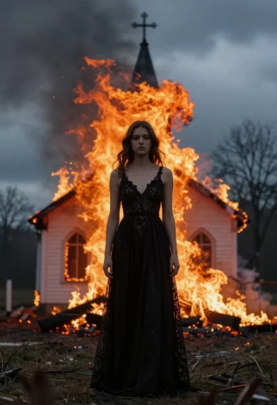 Solemn woman in black gown before burning church against stormy sky