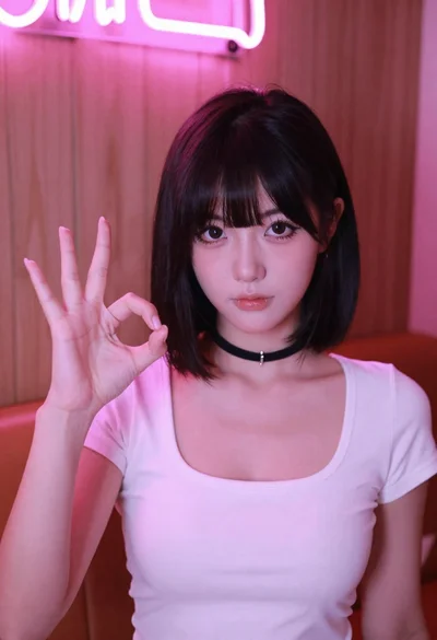 Young woman with black hair making ok sign under pink neon light