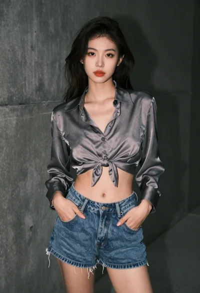 Young woman in grey blouse and denim shorts on concrete wall