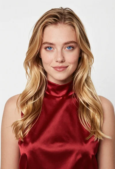 Portrait of young blonde woman in deep red satin top against white