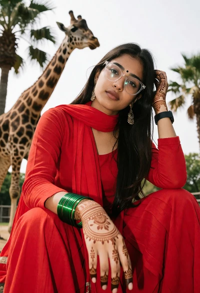 Young woman in red traditional outfit posing near a giraffe at safari