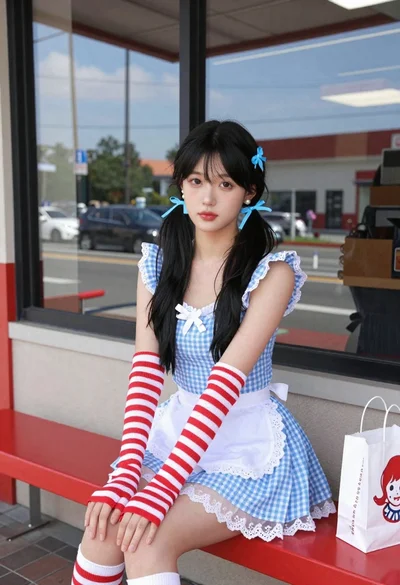 Young woman in maid dress outside wendys restaurant