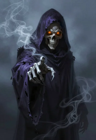 Grim reaper figure in smoke and shadow