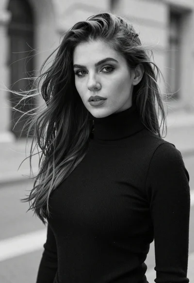 Black and white portrait of woman with windswept hair