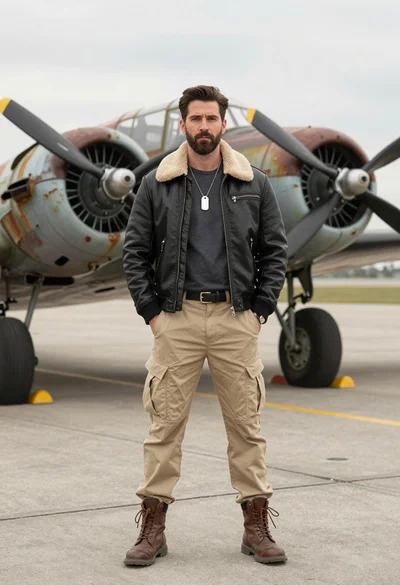 Handsome man in leather jacket standing before a vintage propeller aircraft on