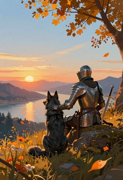 Knight and wolf on grassy hill overlooking sunset mountains