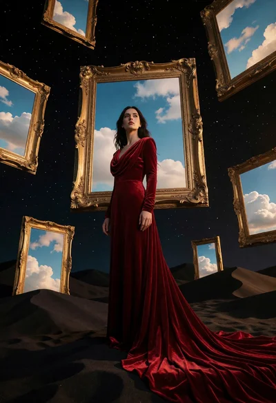 Woman in red gown on dark terrain beneath floating golden picture frames