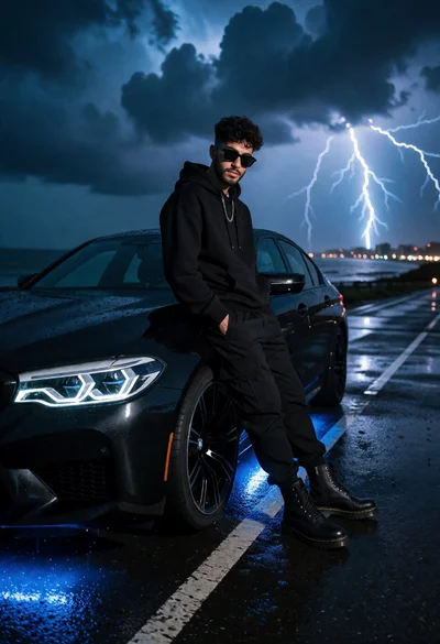Man leaning against black bmw m5 on wet coastal road under stormy