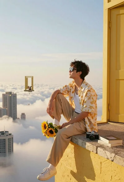 Young man in floral shirt sits on yellow ledge holding sunflowers above
