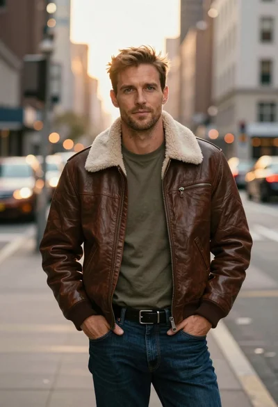 Handsome man in brown bomber jacket on city street at golden hour