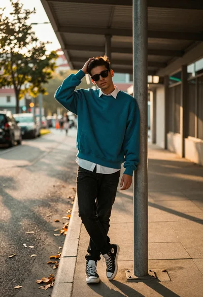 Young man leaning on pole in urban walkway with golden sunlight