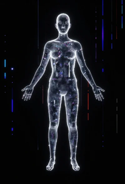 Glowing pixel figure in a digital void matrix