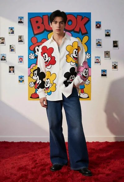 Young man in graphic shirt standing on red carpet against white poster