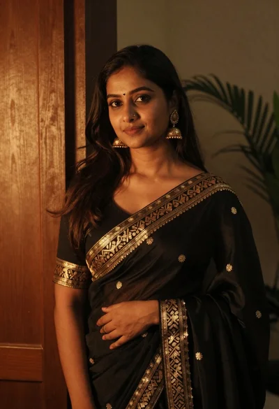 Woman in elegant black saree with gold embroidery indoors