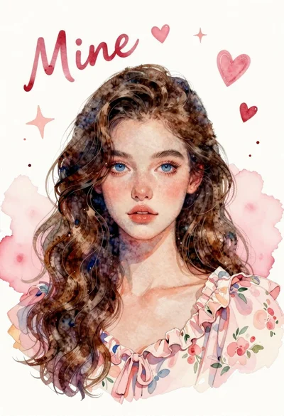 Watercolor portrait of young woman with brown hair and blue eyes