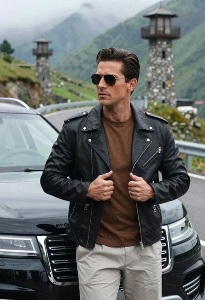 Handsome man in leather jacket standing by luxury suv on mountain road