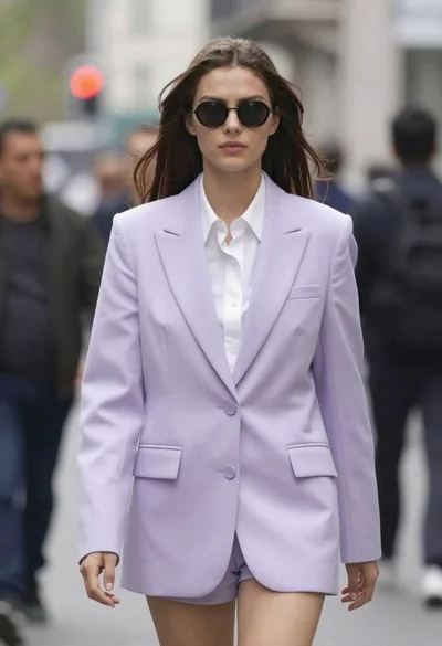 High fashion portrait of woman in lavender suit
