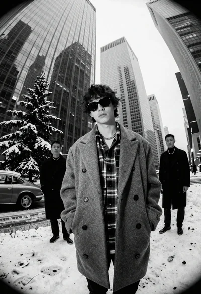 Monochrome fashion shot of man against curved skyscrapers and snow