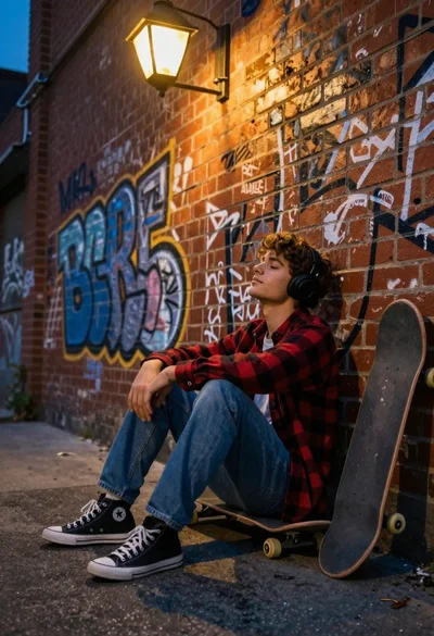 Young man sitting by graffiti brick wall with headphones low angle shot