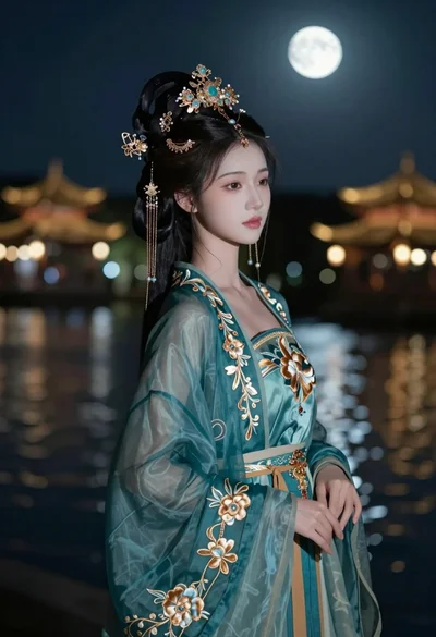 Graceful woman in teal chinese gown by moonlit waterfront architecture at night