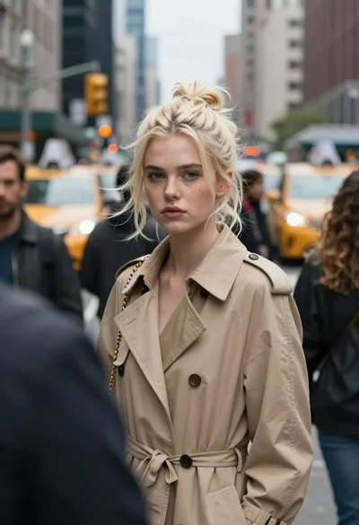 Young woman with platinum blonde hair in trench coat on busy city