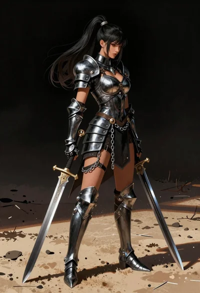 Female warrior in black armor standing on sandy terrain