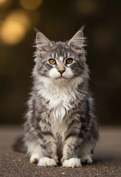 Close up portrait of fluffy grey tabby kitten sitting on textured brown