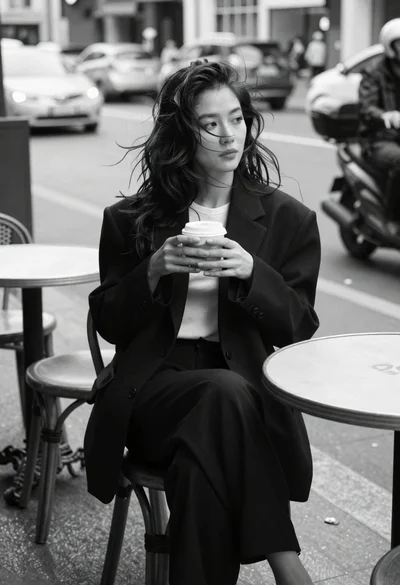 Woman in oversized blazer sitting at an outdoor cafe table
