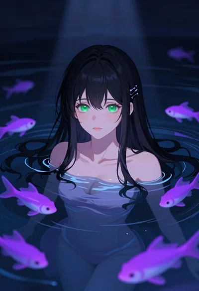 Anime style woman floating in dark water surrounded by glowing purple fish