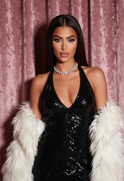 Glamorous portrait of woman in black sequin dress by dusty rose curtains
