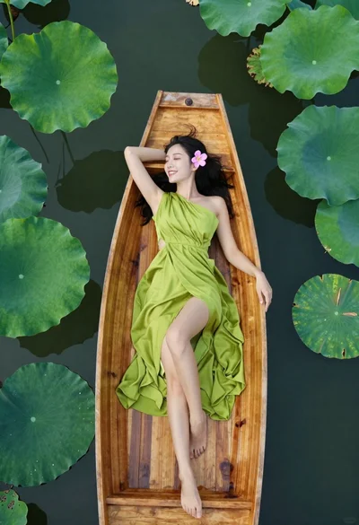Smiling woman in lime green dress reclining in wooden boat on water