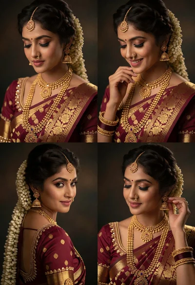 Collage of four elegant portraits featuring woman in maroon bridal attire