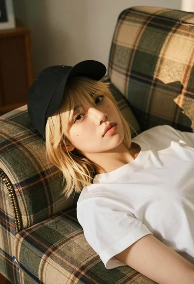 Young woman with blonde hair on plaid sofa under warm sunlight