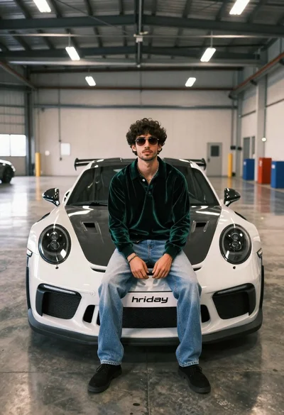 Young man in green polo sits on white porsche gt3 rs in