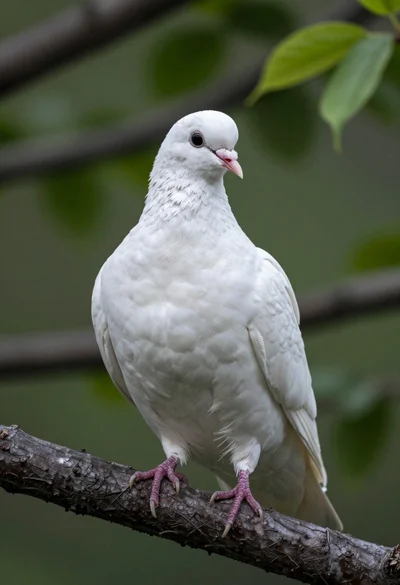 Close up photograph of white dove perched on dark branch against green