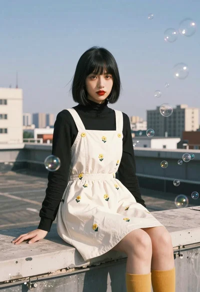 Woman with black bob on rooftop with soap bubbles