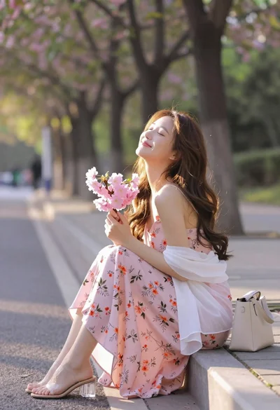 Young woman in pink floral dress holding cherry blossoms in sunlit park