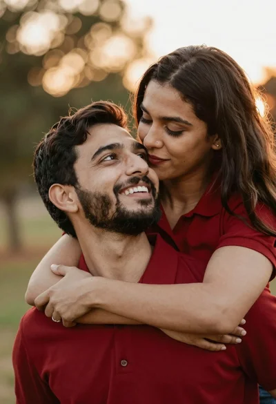 Close up portrait of embracing couple in warm golden hour setting