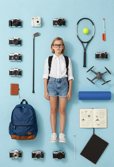Girl surrounded by hobbies on a light blue background