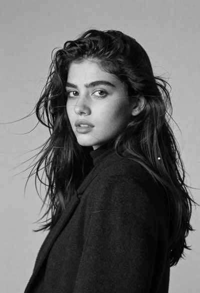 Black and white portrait of woman with wind blown hair