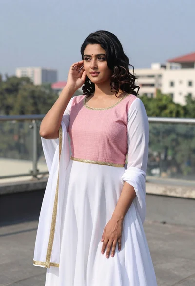 Young woman in white anarkali dress on urban rooftop terrace