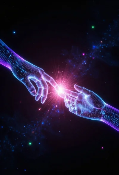 Glowing pixel hands touching in a cosmic void