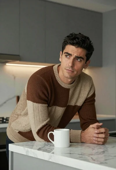Man in chunky knit sweater leaning on marble counter in modern kitchen